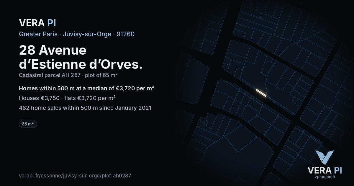 28 Avenue d’Estienne d’Orves, Juvisy-sur-Orge at night – the plot lit, the parcels around coloured by the prices near them