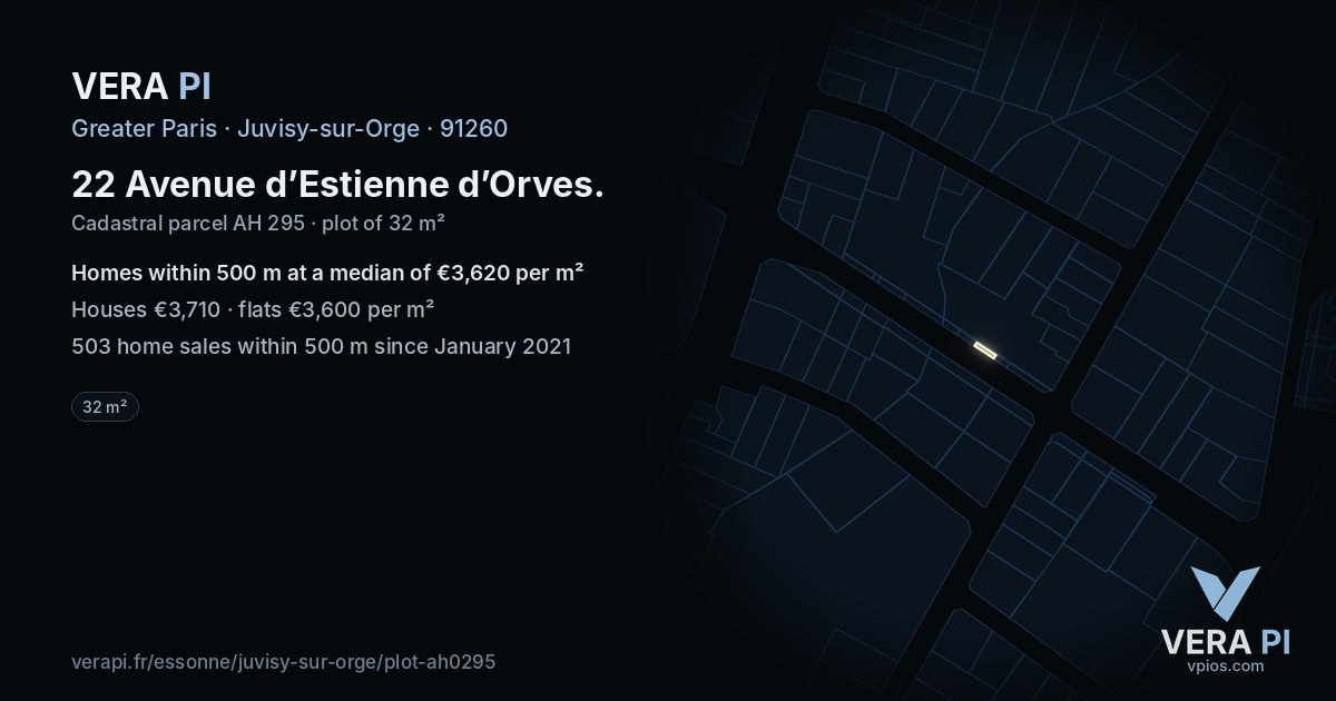 22 Avenue d’Estienne d’Orves, Juvisy-sur-Orge at night – the plot lit, the parcels around coloured by the prices near them