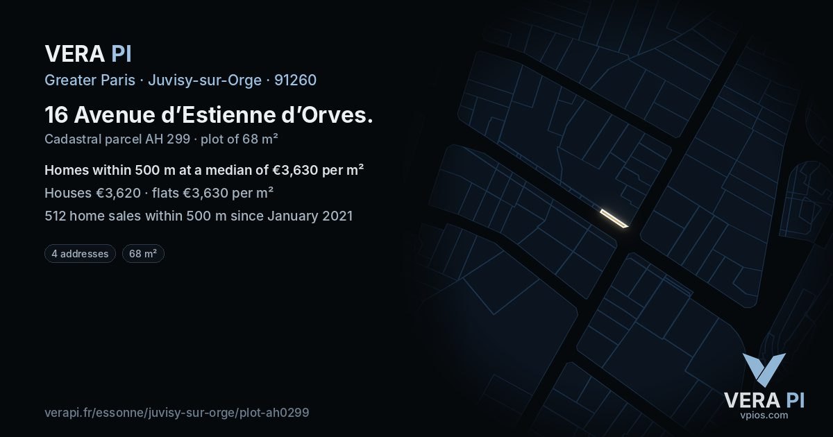 16 Avenue d’Estienne d’Orves, Juvisy-sur-Orge at night – the plot lit, the parcels around coloured by the prices near them