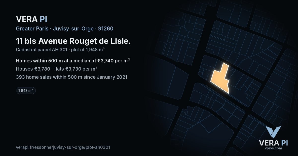 11 bis Avenue Rouget de Lisle, Juvisy-sur-Orge at night – the plot lit, the parcels around coloured by the prices near them