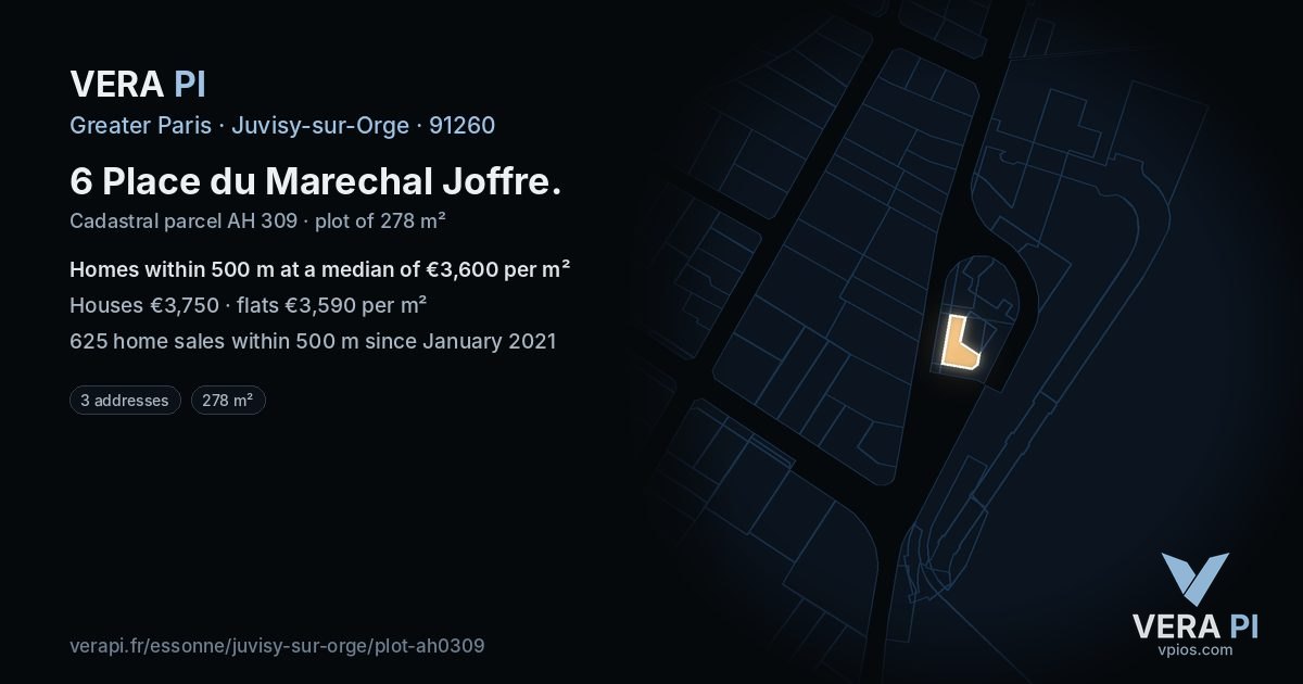 6 Place du Marechal Joffre, Juvisy-sur-Orge at night – the plot lit, the parcels around coloured by the prices near them