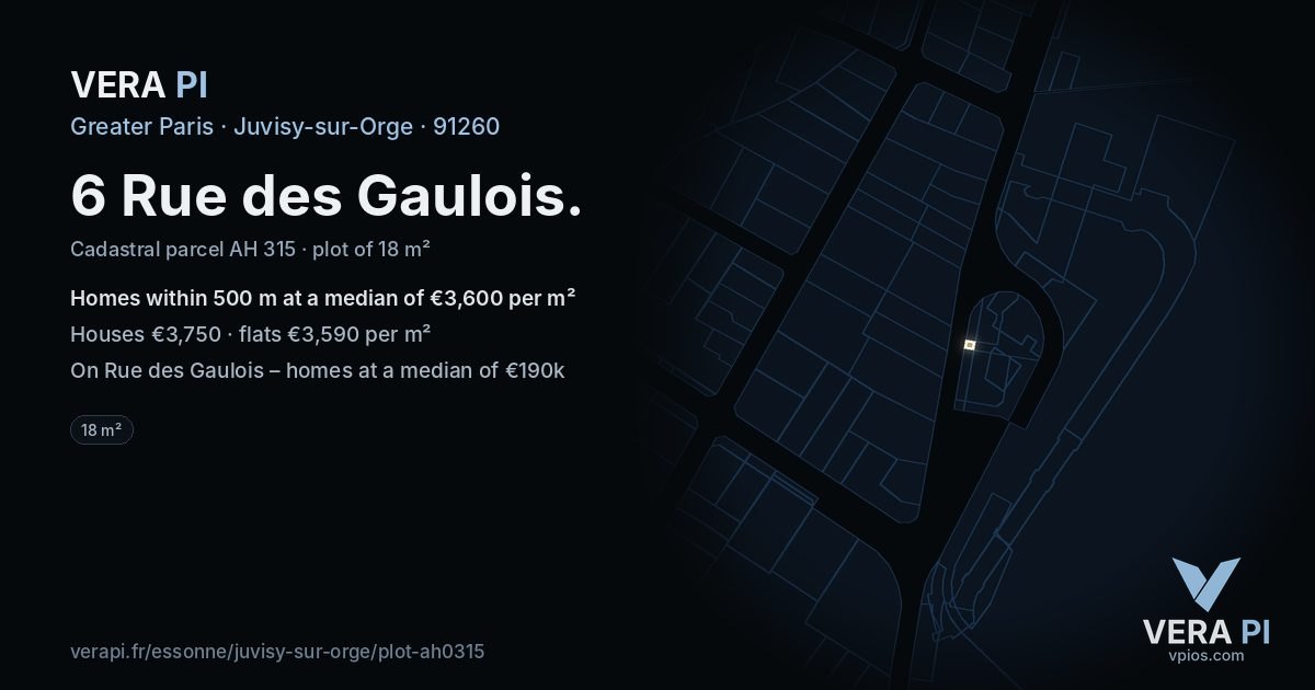 6 Rue des Gaulois, Juvisy-sur-Orge at night – the plot lit, the parcels around coloured by the prices near them