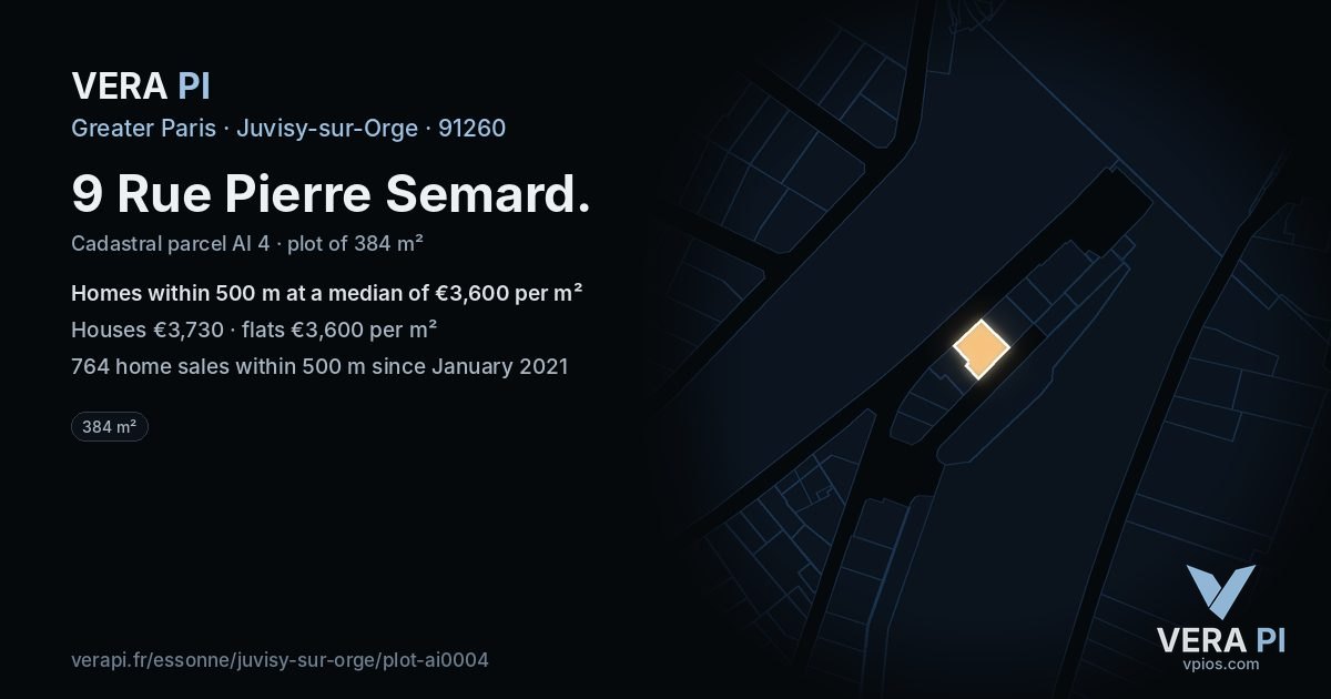 9 Rue Pierre Semard, Juvisy-sur-Orge at night – the plot lit, the parcels around coloured by the prices near them