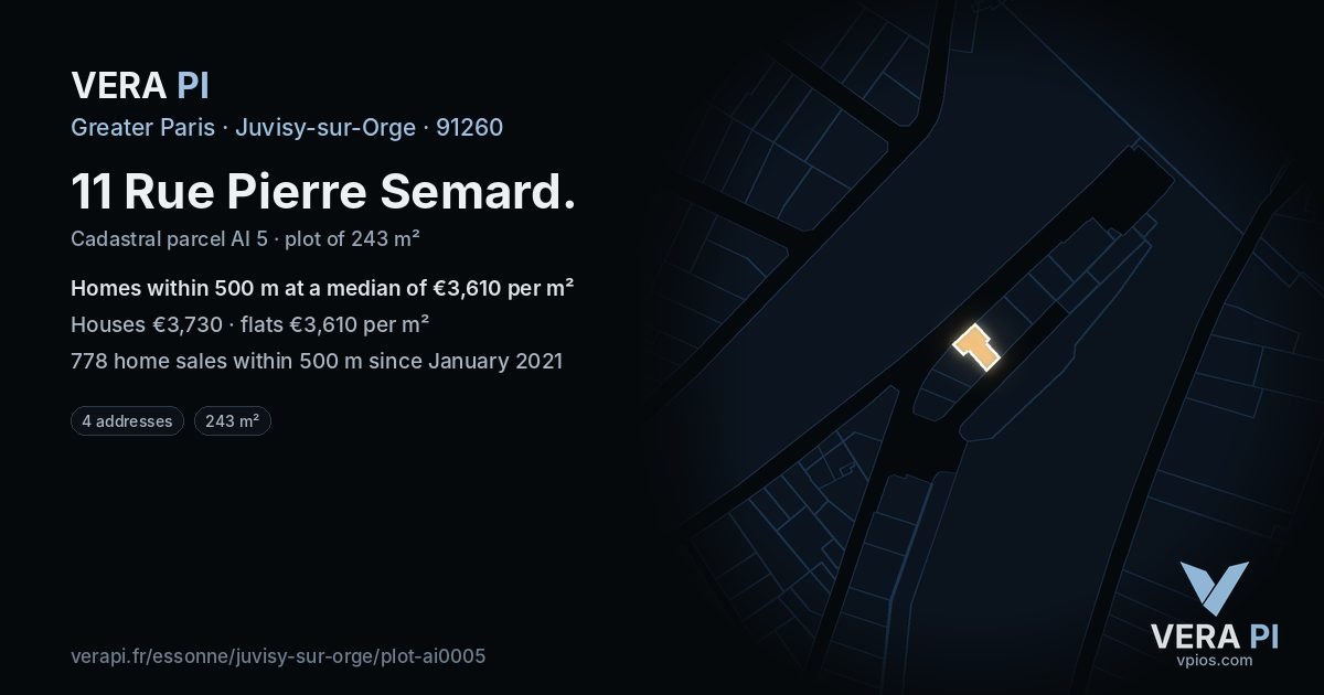 11 Rue Pierre Semard, Juvisy-sur-Orge at night – the plot lit, the parcels around coloured by the prices near them