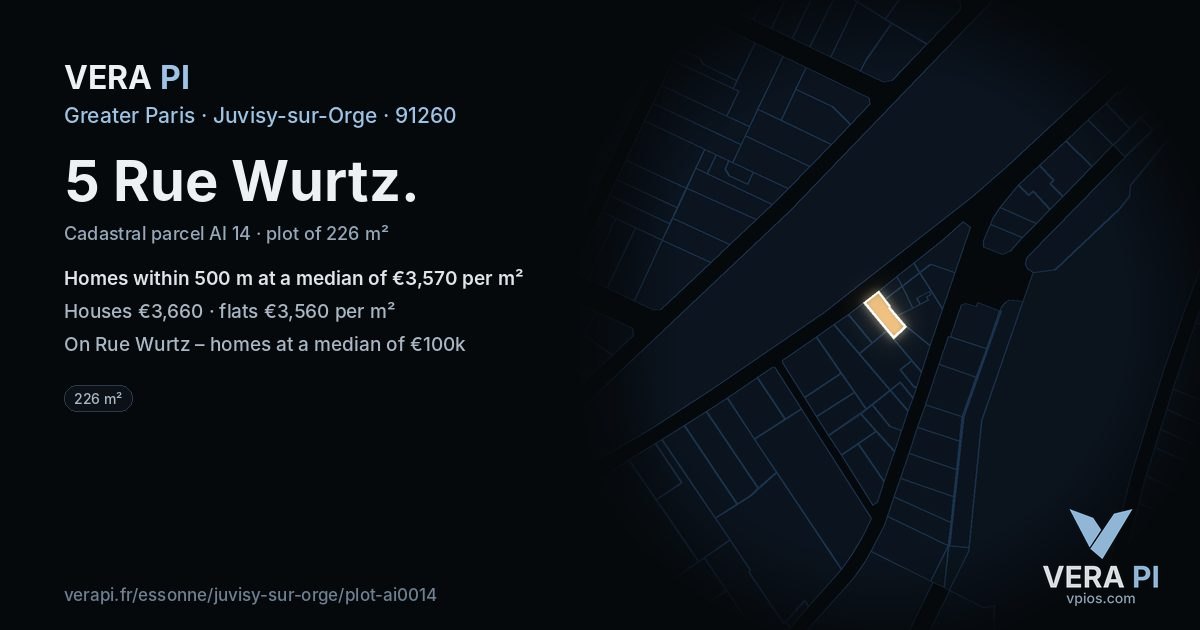 5 Rue Wurtz, Juvisy-sur-Orge at night – the plot lit, the parcels around coloured by the prices near them