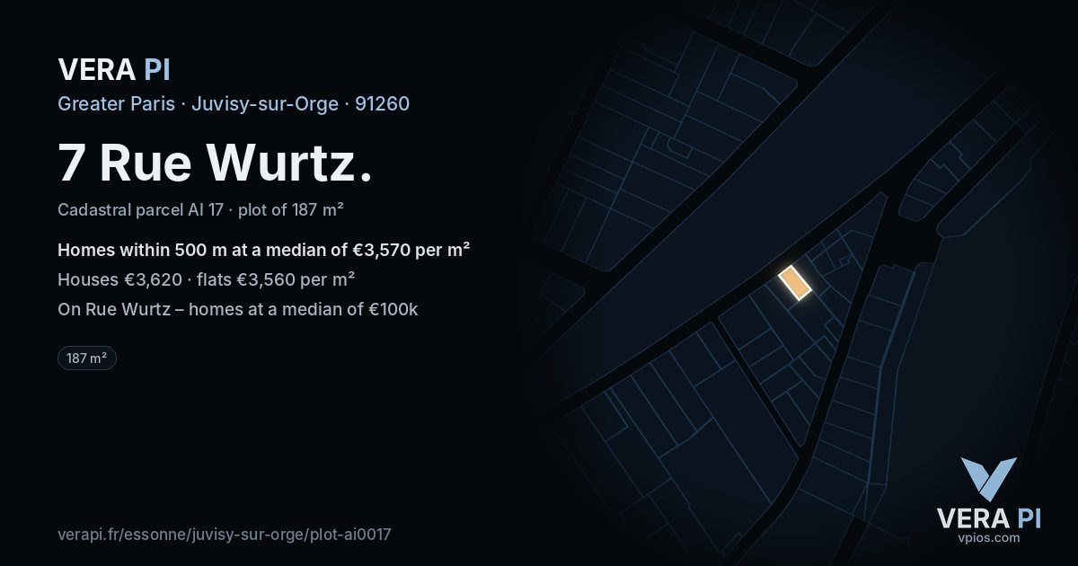 7 Rue Wurtz, Juvisy-sur-Orge at night – the plot lit, the parcels around coloured by the prices near them