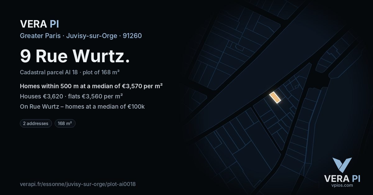 9 Rue Wurtz, Juvisy-sur-Orge at night – the plot lit, the parcels around coloured by the prices near them