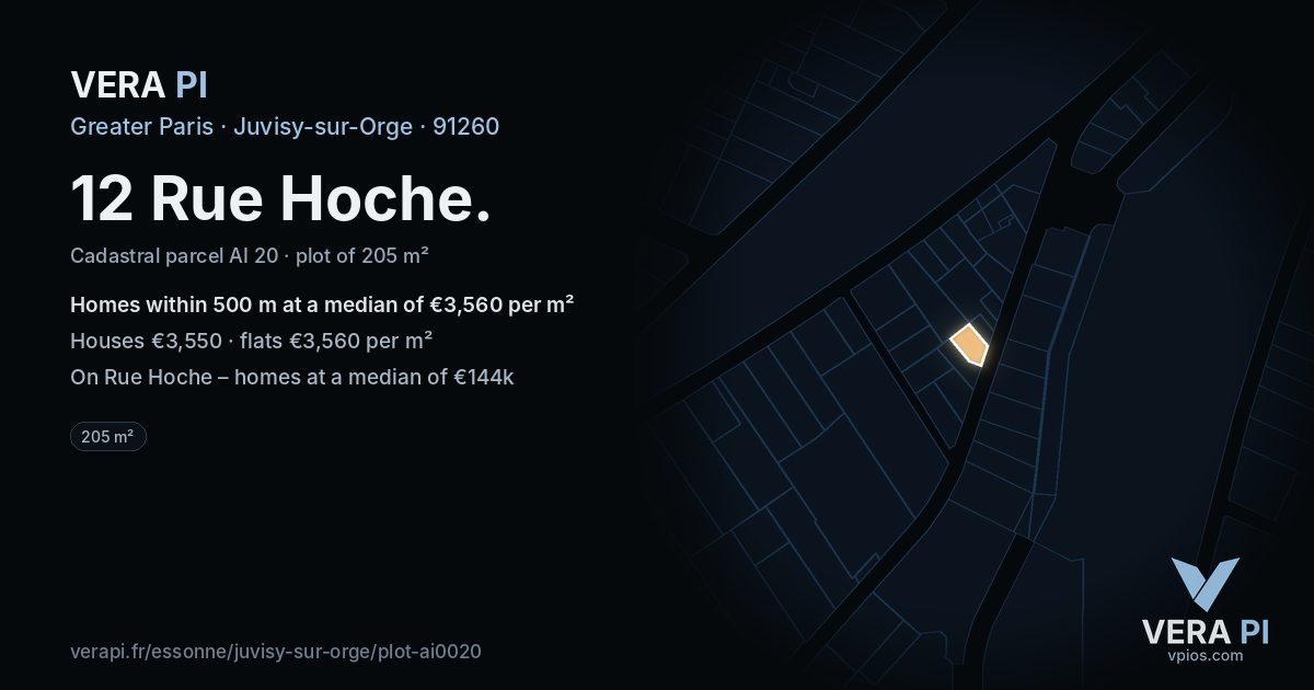 12 Rue Hoche, Juvisy-sur-Orge at night – the plot lit, the parcels around coloured by the prices near them