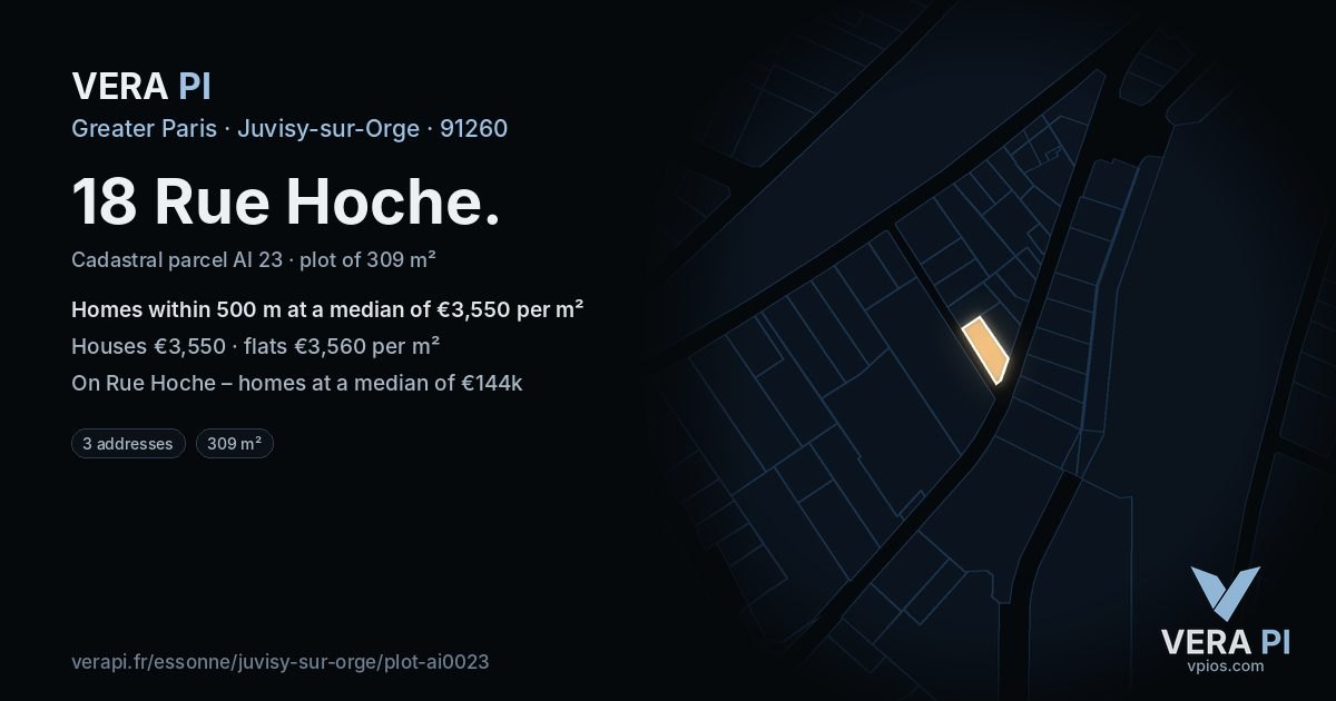 18 Rue Hoche, Juvisy-sur-Orge at night – the plot lit, the parcels around coloured by the prices near them