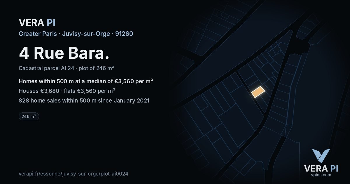 4 Rue Bara, Juvisy-sur-Orge at night – the plot lit, the parcels around coloured by the prices near them