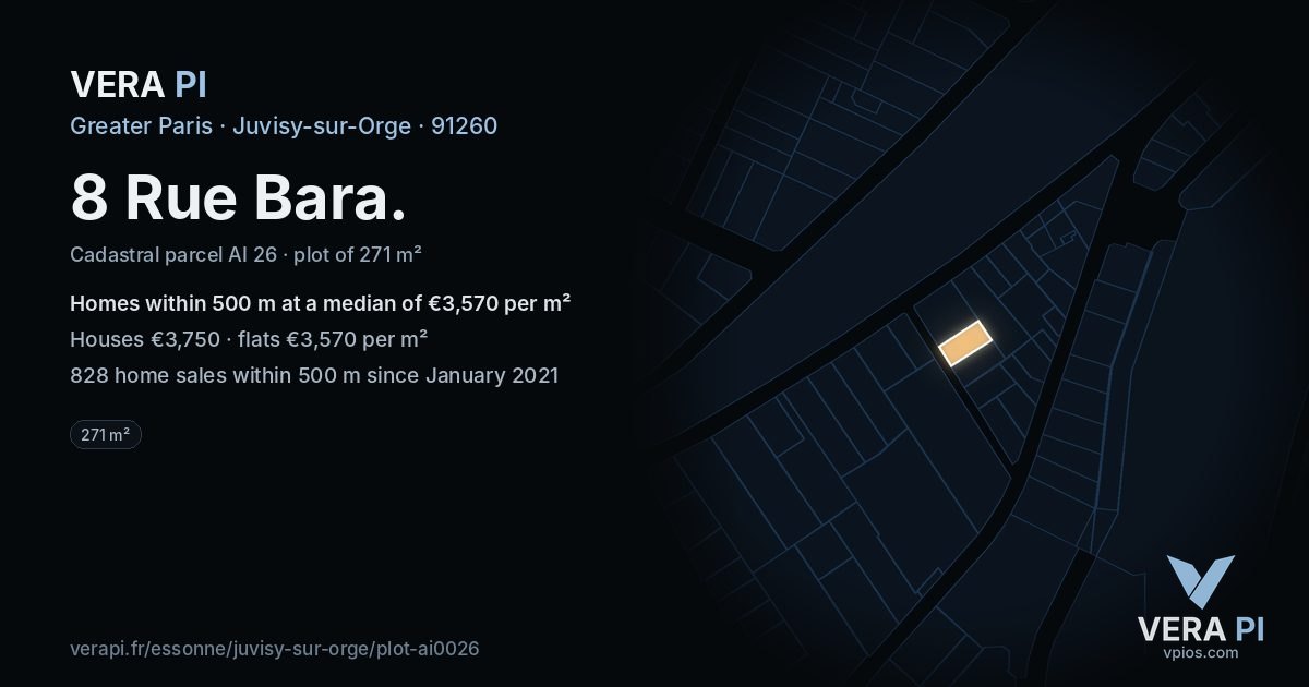 8 Rue Bara, Juvisy-sur-Orge at night – the plot lit, the parcels around coloured by the prices near them