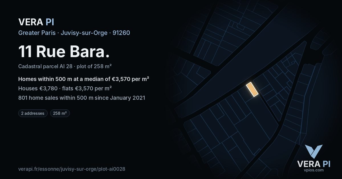 11 Rue Bara, Juvisy-sur-Orge at night – the plot lit, the parcels around coloured by the prices near them