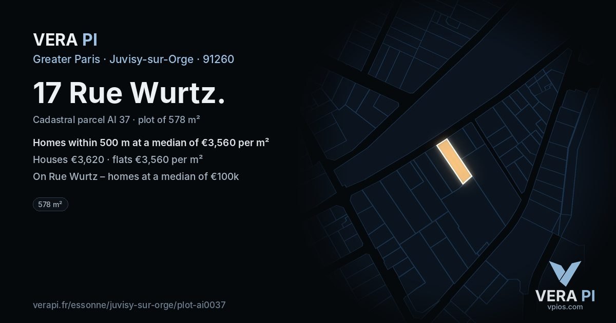 17 Rue Wurtz, Juvisy-sur-Orge at night – the plot lit, the parcels around coloured by the prices near them