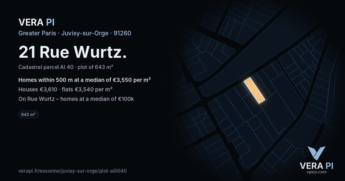 21 Rue Wurtz, Juvisy-sur-Orge at night – the plot lit, the parcels around coloured by the prices near them