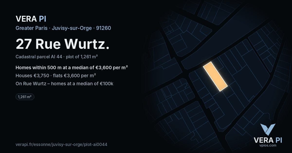 27 Rue Wurtz, Juvisy-sur-Orge at night – the plot lit, the parcels around coloured by the prices near them