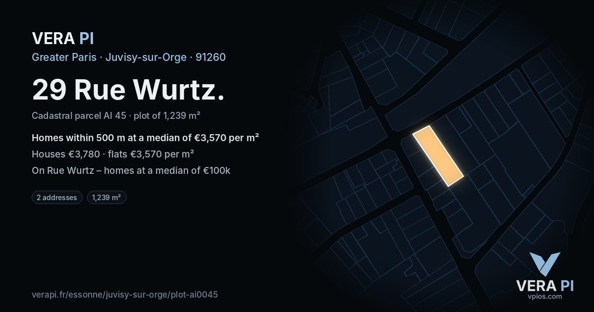 29 Rue Wurtz, Juvisy-sur-Orge at night – the plot lit, the parcels around coloured by the prices near them