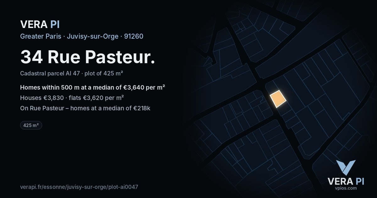 34 Rue Pasteur, Juvisy-sur-Orge at night – the plot lit, the parcels around coloured by the prices near them
