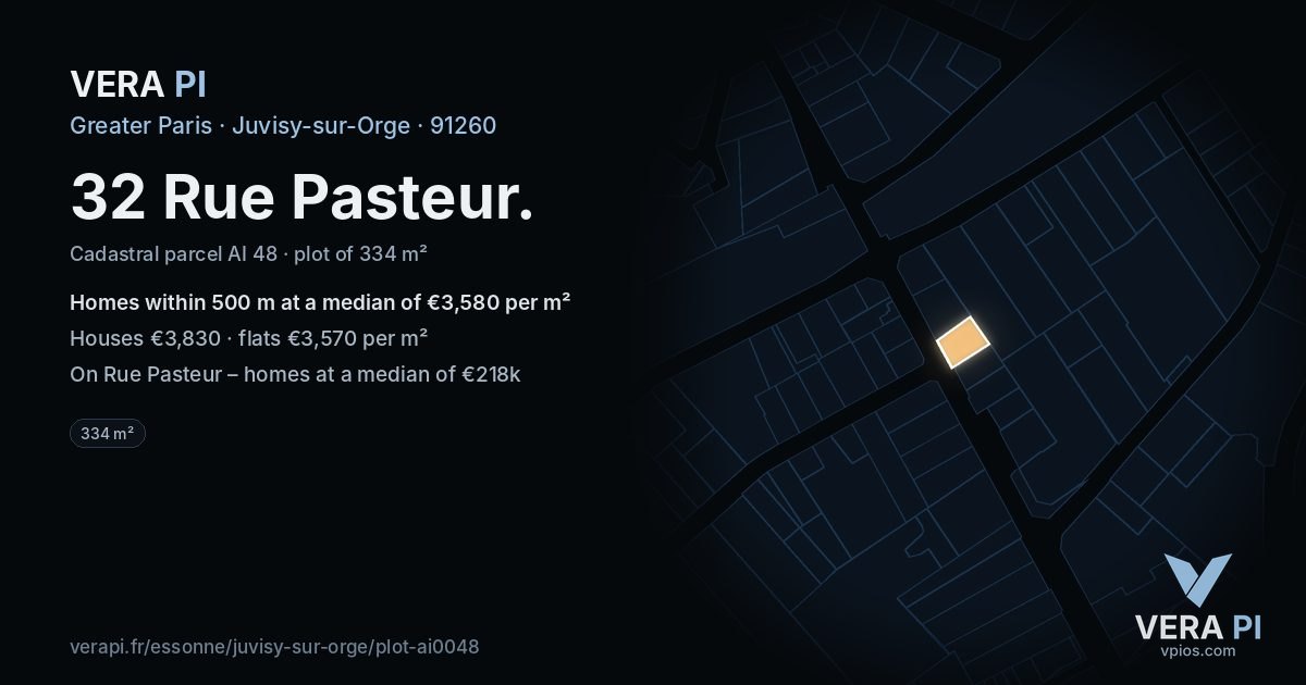 32 Rue Pasteur, Juvisy-sur-Orge at night – the plot lit, the parcels around coloured by the prices near them