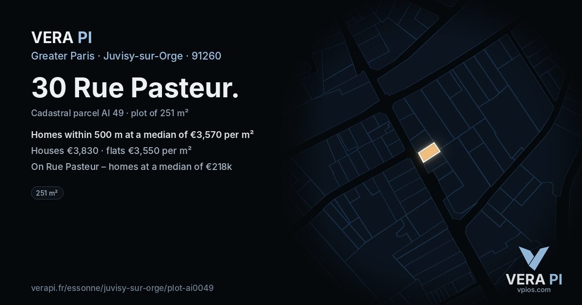 30 Rue Pasteur, Juvisy-sur-Orge at night – the plot lit, the parcels around coloured by the prices near them