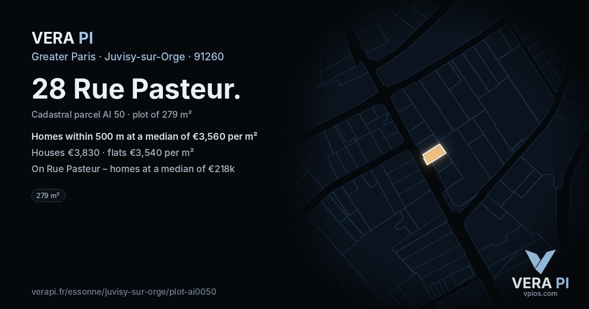 28 Rue Pasteur, Juvisy-sur-Orge at night – the plot lit, the parcels around coloured by the prices near them