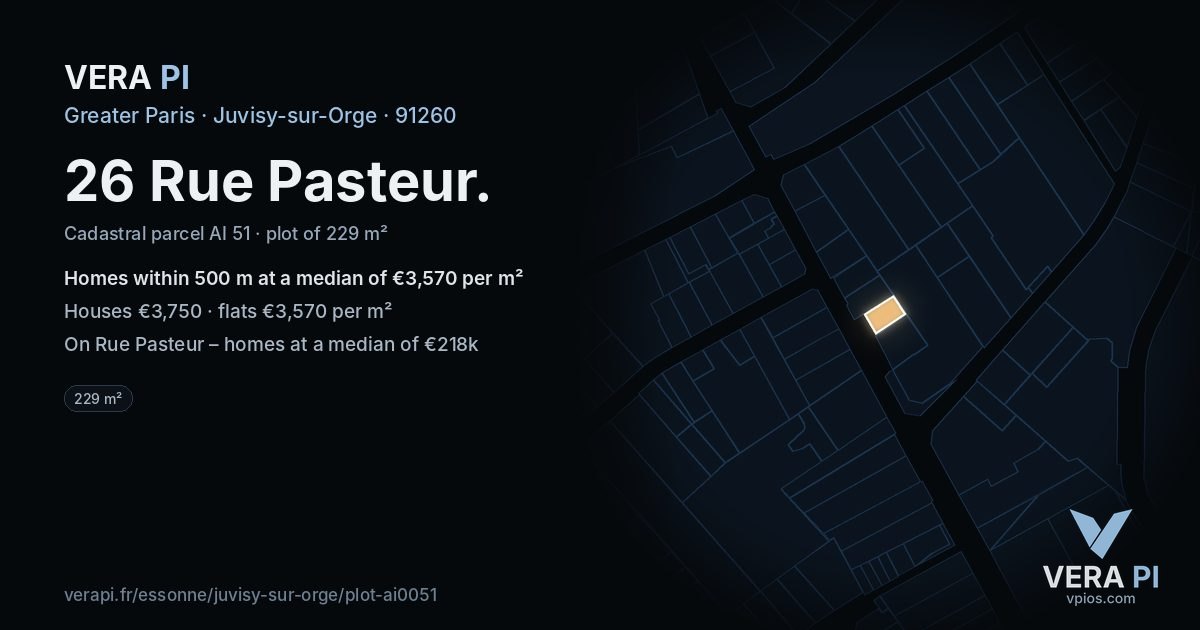 26 Rue Pasteur, Juvisy-sur-Orge at night – the plot lit, the parcels around coloured by the prices near them