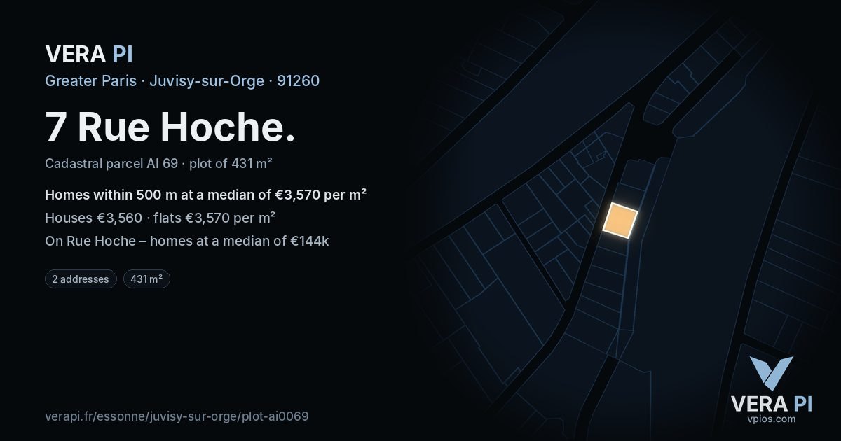 7 Rue Hoche, Juvisy-sur-Orge at night – the plot lit, the parcels around coloured by the prices near them