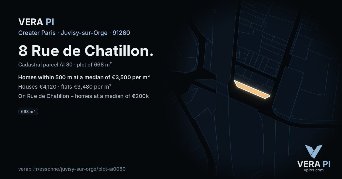 8 Rue de Chatillon, Juvisy-sur-Orge at night – the plot lit, the parcels around coloured by the prices near them