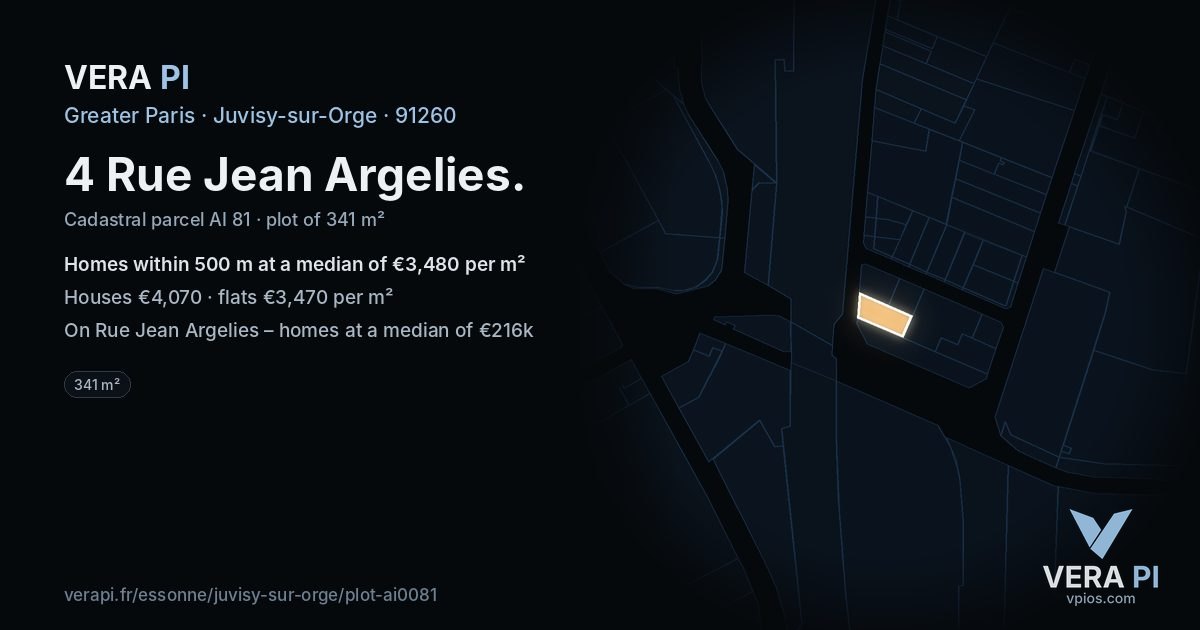 4 Rue Jean Argelies, Juvisy-sur-Orge at night – the plot lit, the parcels around coloured by the prices near them