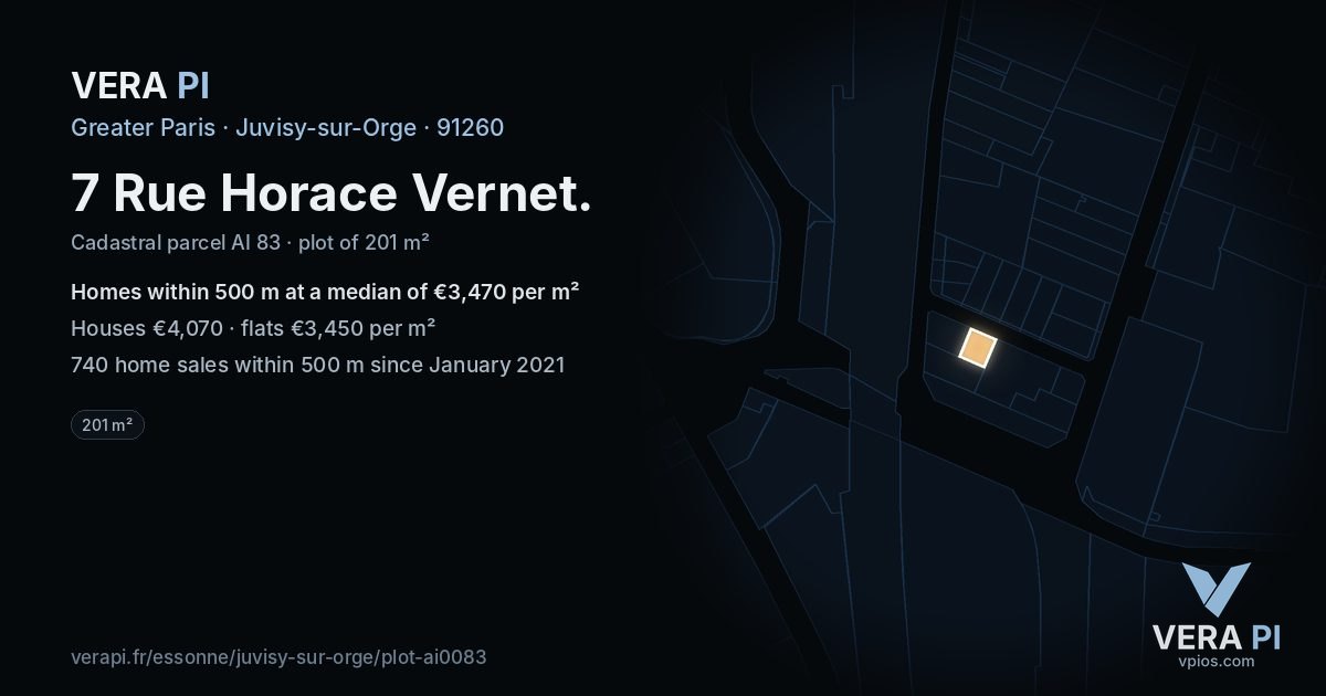 7 Rue Horace Vernet, Juvisy-sur-Orge at night – the plot lit, the parcels around coloured by the prices near them