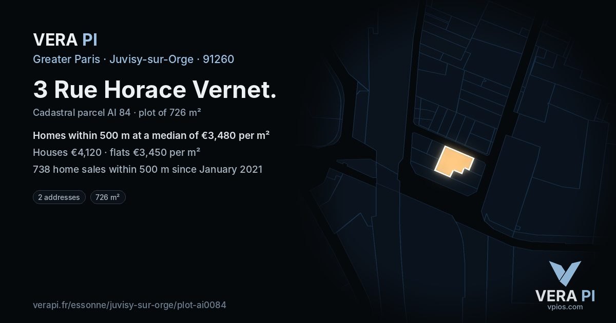 3 Rue Horace Vernet, Juvisy-sur-Orge at night – the plot lit, the parcels around coloured by the prices near them