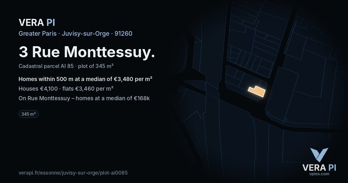 3 Rue Monttessuy, Juvisy-sur-Orge at night – the plot lit, the parcels around coloured by the prices near them