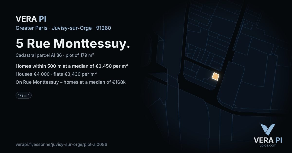 5 Rue Monttessuy, Juvisy-sur-Orge at night – the plot lit, the parcels around coloured by the prices near them