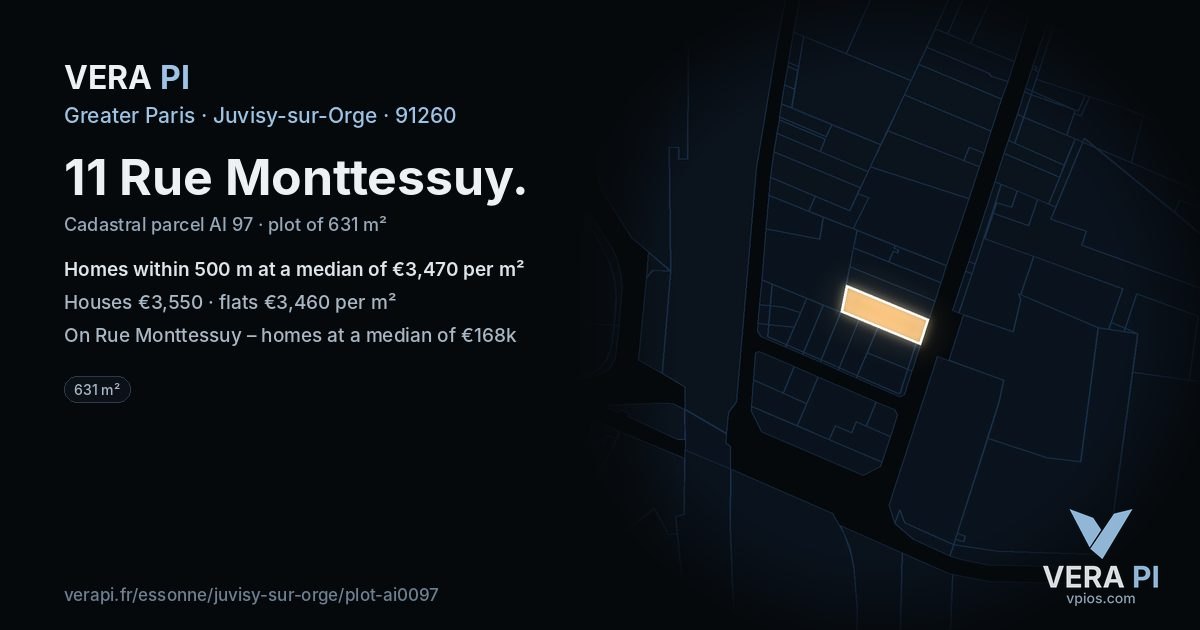 11 Rue Monttessuy, Juvisy-sur-Orge at night – the plot lit, the parcels around coloured by the prices near them