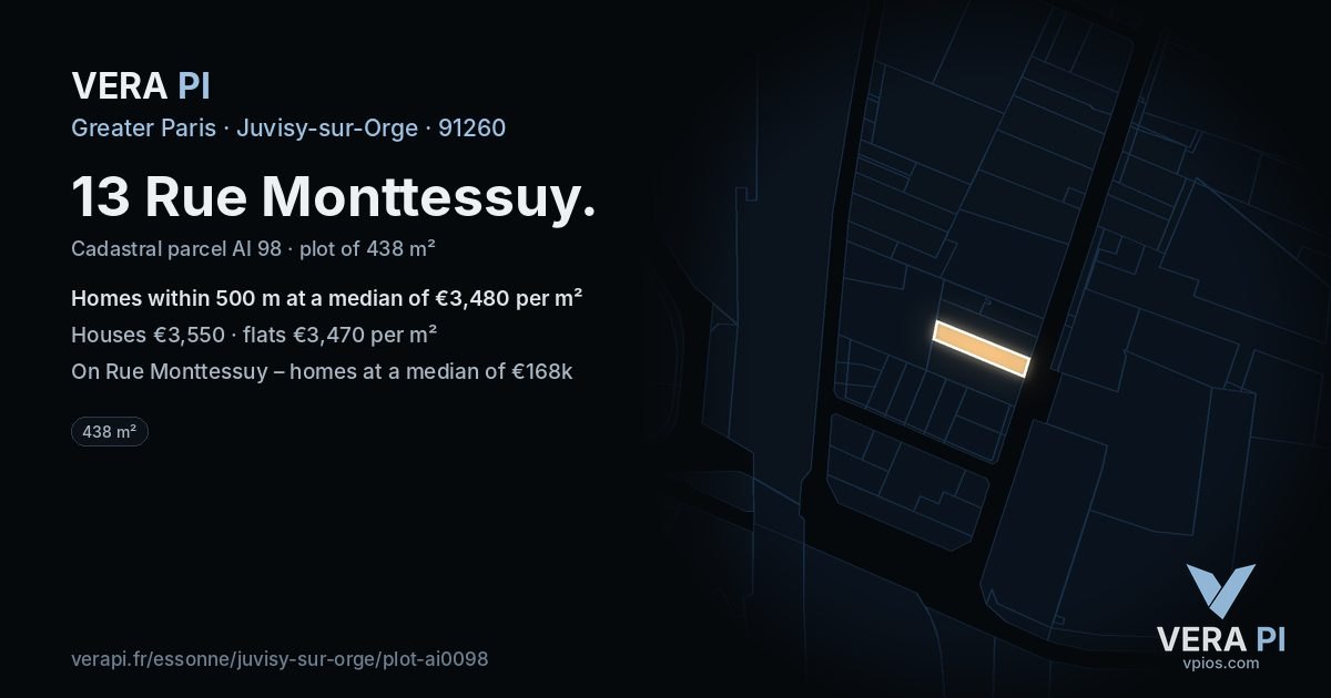 13 Rue Monttessuy, Juvisy-sur-Orge at night – the plot lit, the parcels around coloured by the prices near them