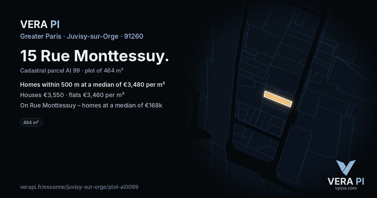 15 Rue Monttessuy, Juvisy-sur-Orge at night – the plot lit, the parcels around coloured by the prices near them
