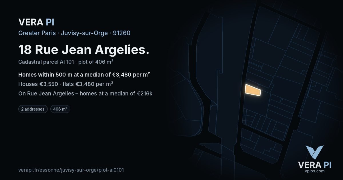 18 Rue Jean Argelies, Juvisy-sur-Orge at night – the plot lit, the parcels around coloured by the prices near them