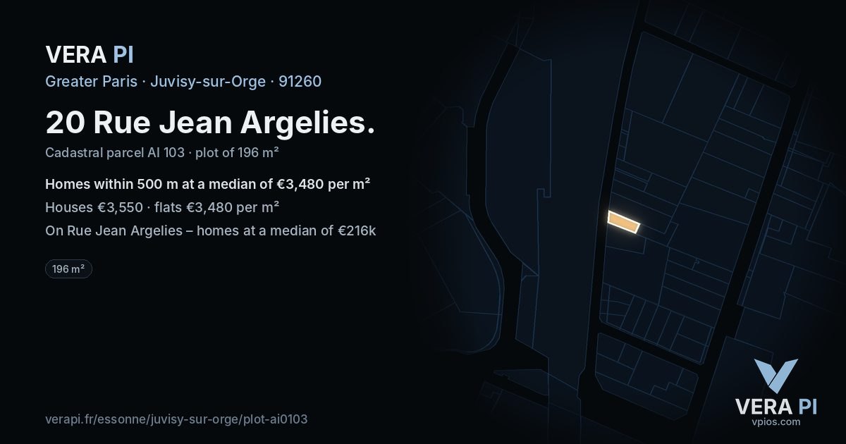 20 Rue Jean Argelies, Juvisy-sur-Orge at night – the plot lit, the parcels around coloured by the prices near them