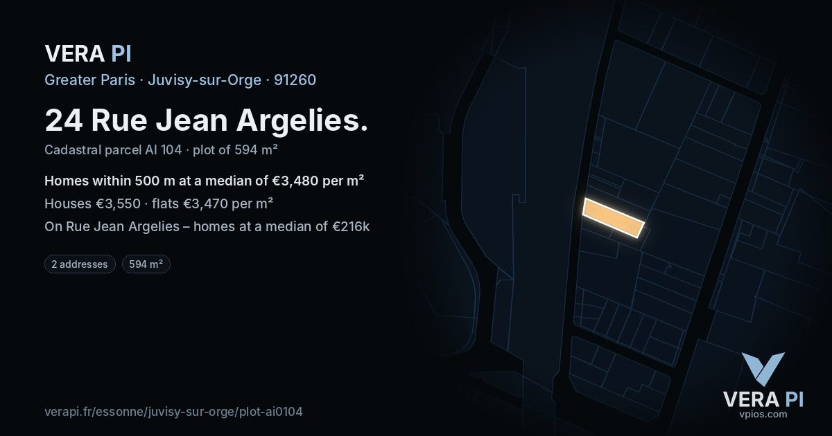 24 Rue Jean Argelies, Juvisy-sur-Orge at night – the plot lit, the parcels around coloured by the prices near them
