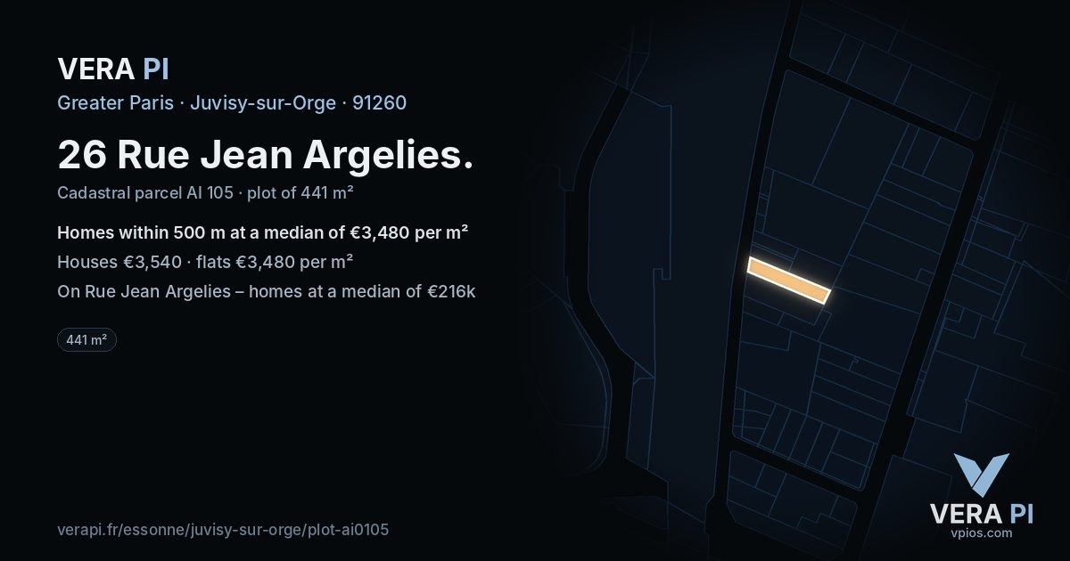 26 Rue Jean Argelies, Juvisy-sur-Orge at night – the plot lit, the parcels around coloured by the prices near them