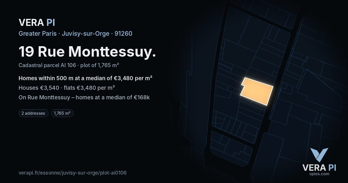 19 Rue Monttessuy, Juvisy-sur-Orge at night – the plot lit, the parcels around coloured by the prices near them
