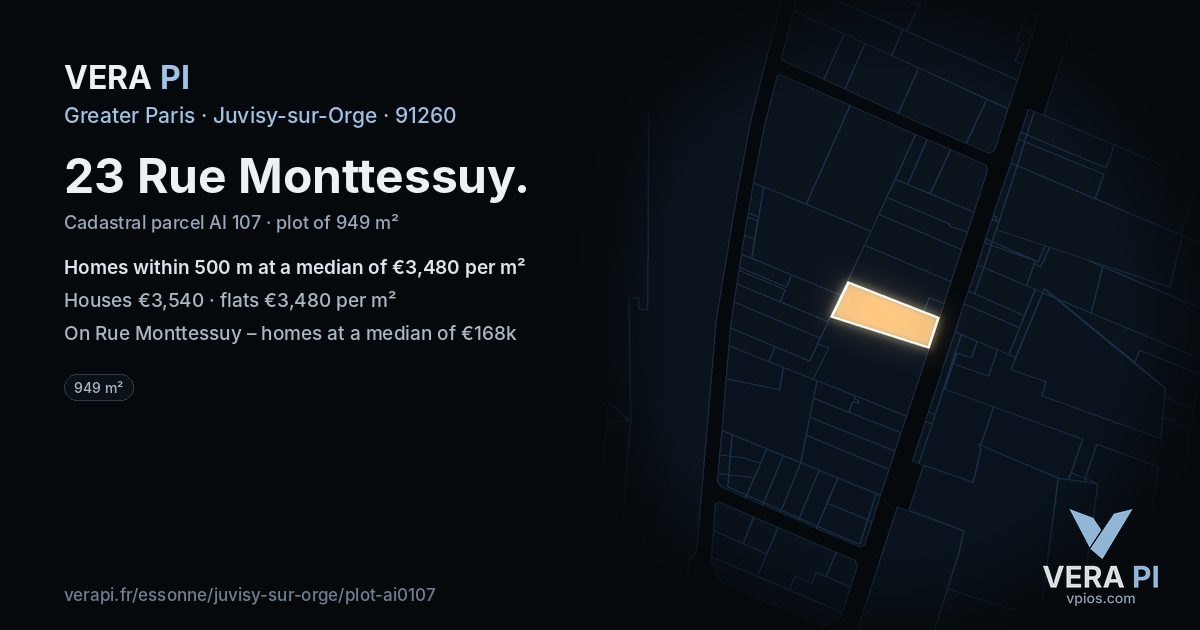 23 Rue Monttessuy, Juvisy-sur-Orge at night – the plot lit, the parcels around coloured by the prices near them