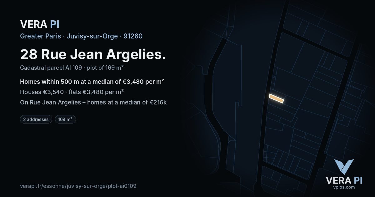 28 Rue Jean Argelies, Juvisy-sur-Orge at night – the plot lit, the parcels around coloured by the prices near them