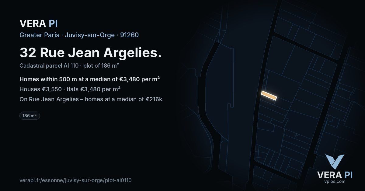 32 Rue Jean Argelies, Juvisy-sur-Orge at night – the plot lit, the parcels around coloured by the prices near them
