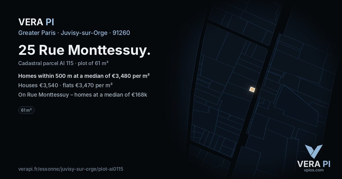 25 Rue Monttessuy, Juvisy-sur-Orge at night – the plot lit, the parcels around coloured by the prices near them