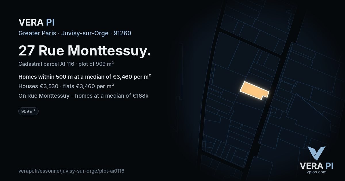 27 Rue Monttessuy, Juvisy-sur-Orge at night – the plot lit, the parcels around coloured by the prices near them