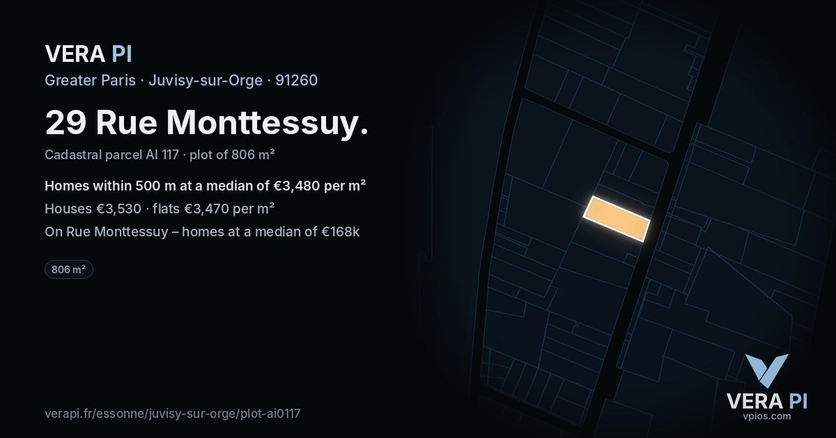 29 Rue Monttessuy, Juvisy-sur-Orge at night – the plot lit, the parcels around coloured by the prices near them