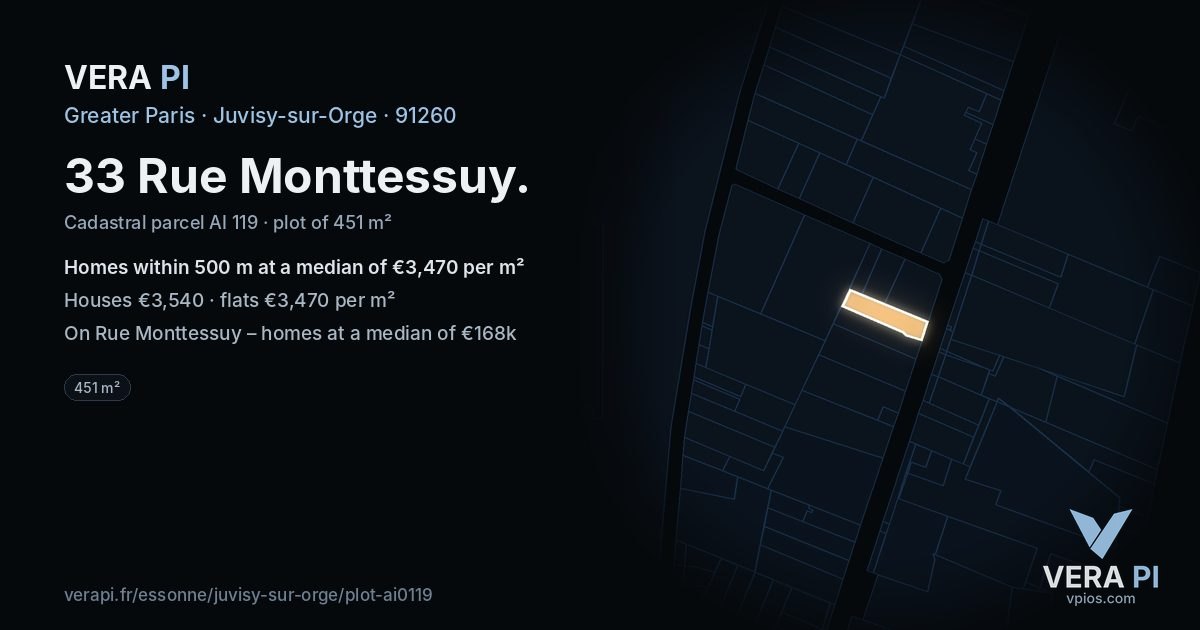 33 Rue Monttessuy, Juvisy-sur-Orge at night – the plot lit, the parcels around coloured by the prices near them