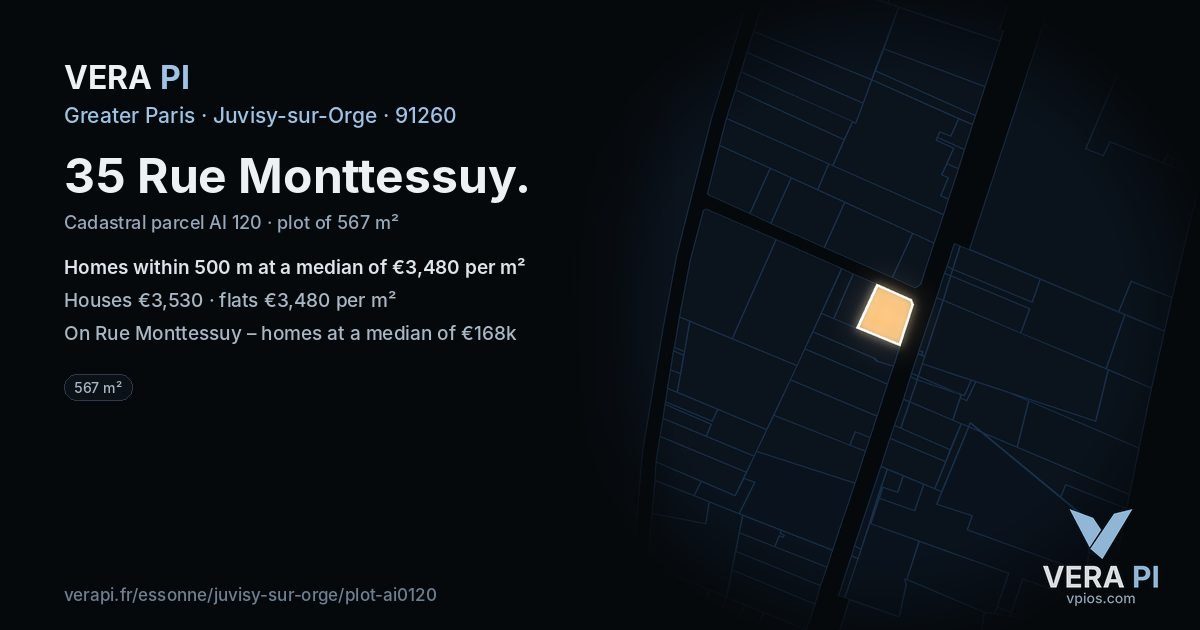 35 Rue Monttessuy, Juvisy-sur-Orge at night – the plot lit, the parcels around coloured by the prices near them