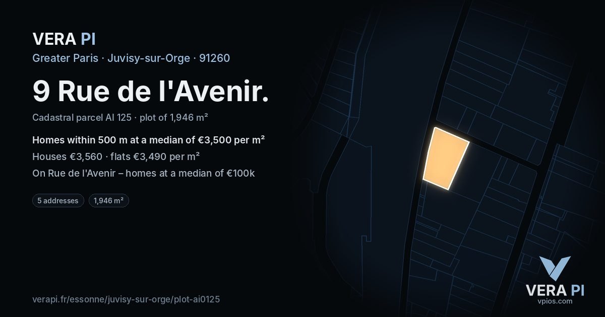 9 Rue de l'Avenir, Juvisy-sur-Orge at night – the plot lit, the parcels around coloured by the prices near them