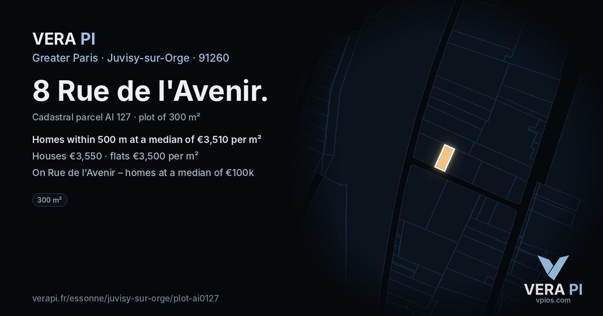 8 Rue de l'Avenir, Juvisy-sur-Orge at night – the plot lit, the parcels around coloured by the prices near them